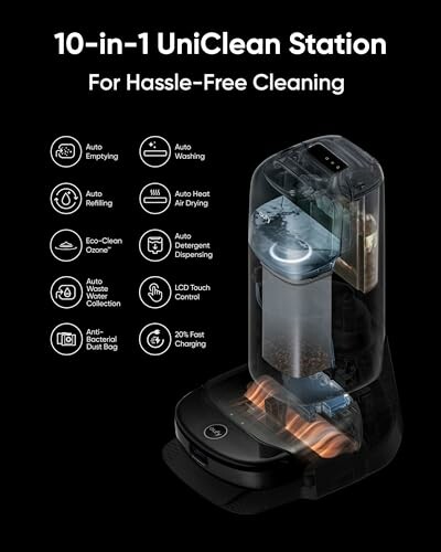 10-in-1 UniClean Station with features like auto emptying, washing, refilling, and more.